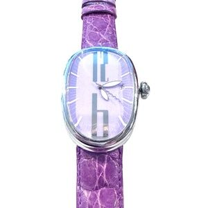 GRIMOLDI MILANO PURPLE STAINLESS STEEL BORGONOVO WATCH WITH CROCODILE STRAP